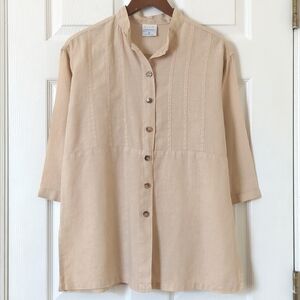 Click by Color Me Cotton 90's Vintage Linen Quarter Sleeve Button Down Shirt Tan